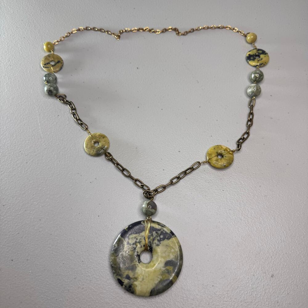 natural stone donut pendant long necklace green yellow jasper style boho